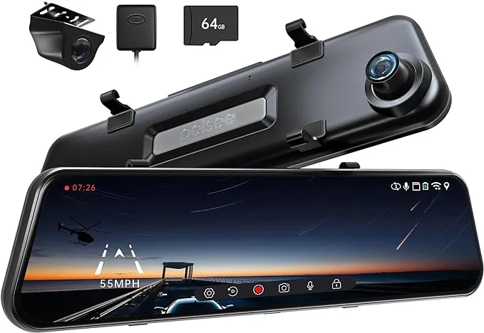 P12 Pro Max 4K+2.5K Rear View Mirror Camera, 12'' Mirror Dash Cam with 2.5K Rear Camera,5G Wi-Fi WDR Front and Rear Dash Camera for Cars and Trucks, Night Vision, Voice Control, 64GB Card&GPS