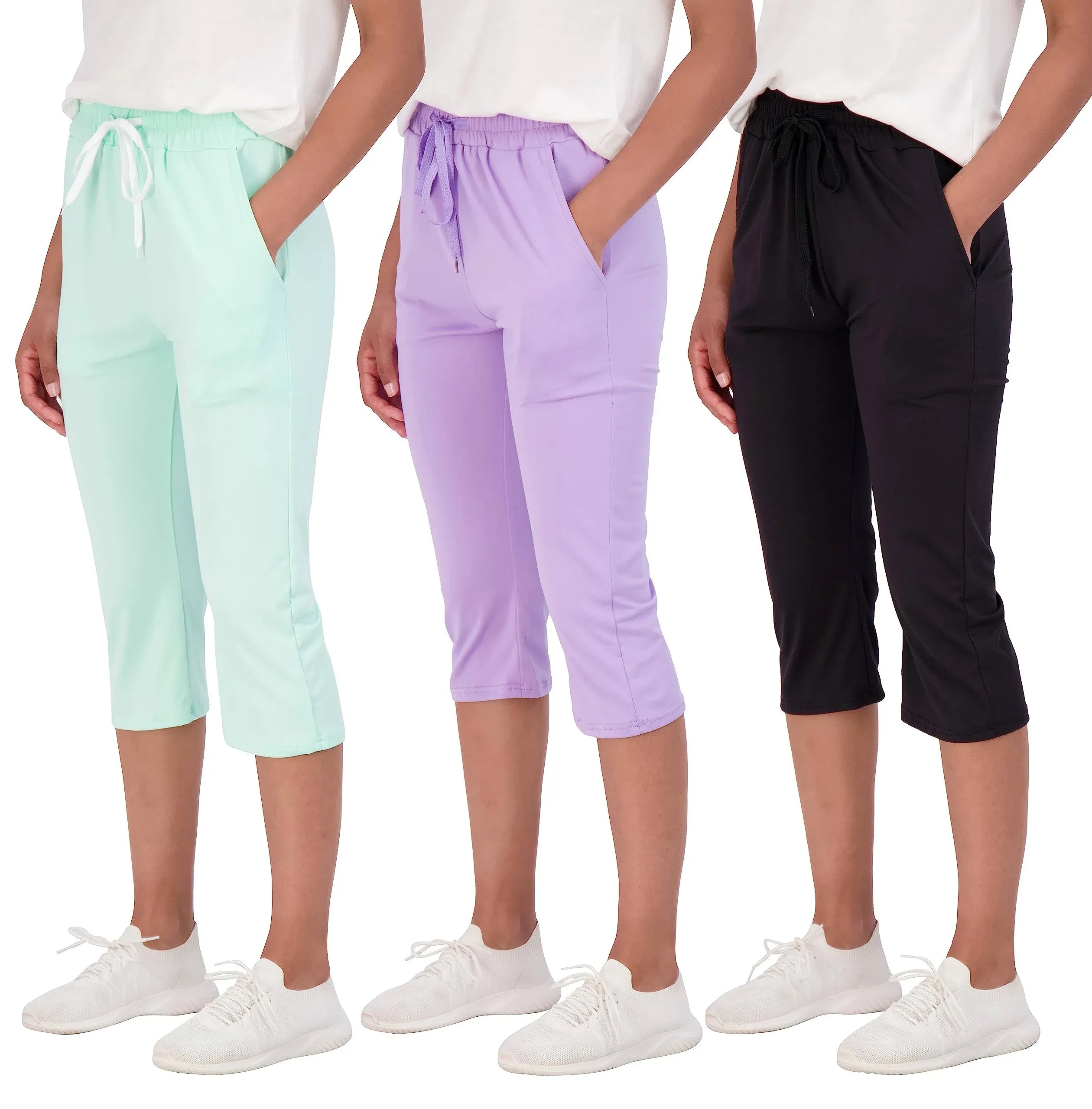 Real Essentials 3-Pack: Women's Capri Open Bottom Soft Sweatpants with Drawstring (Available in Plus Size)