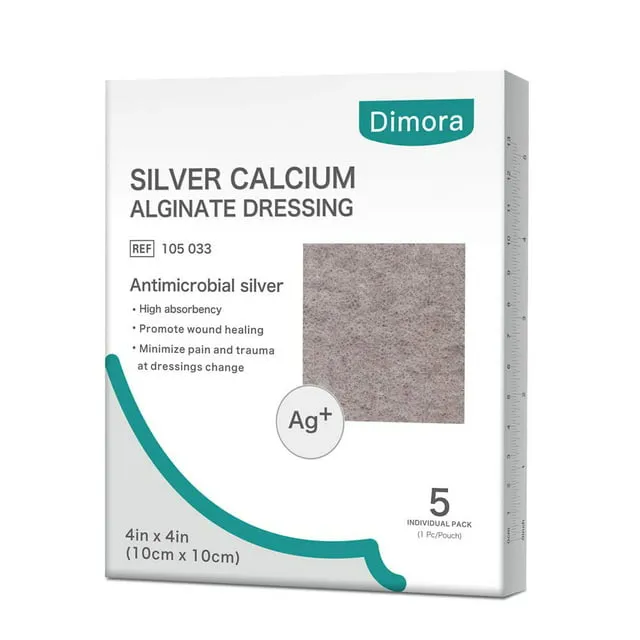 Dimora Ag Silver Calcium Alginate Wound Dressing Pads, High Absorbent, Non-Stick, Sterile, 4'' x 4'', 5 Pack, Ideal for Trauma Care