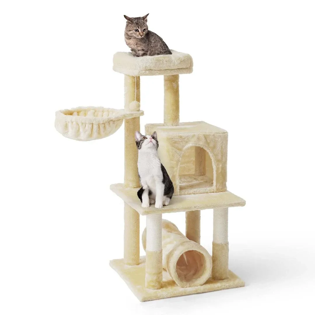 BOWHAUS 40 in. Beige Cat Tower for Indoor Cats, Multi-Level Cat Activity Tree with Scratching Posts, Basket, Cat Cave Condo