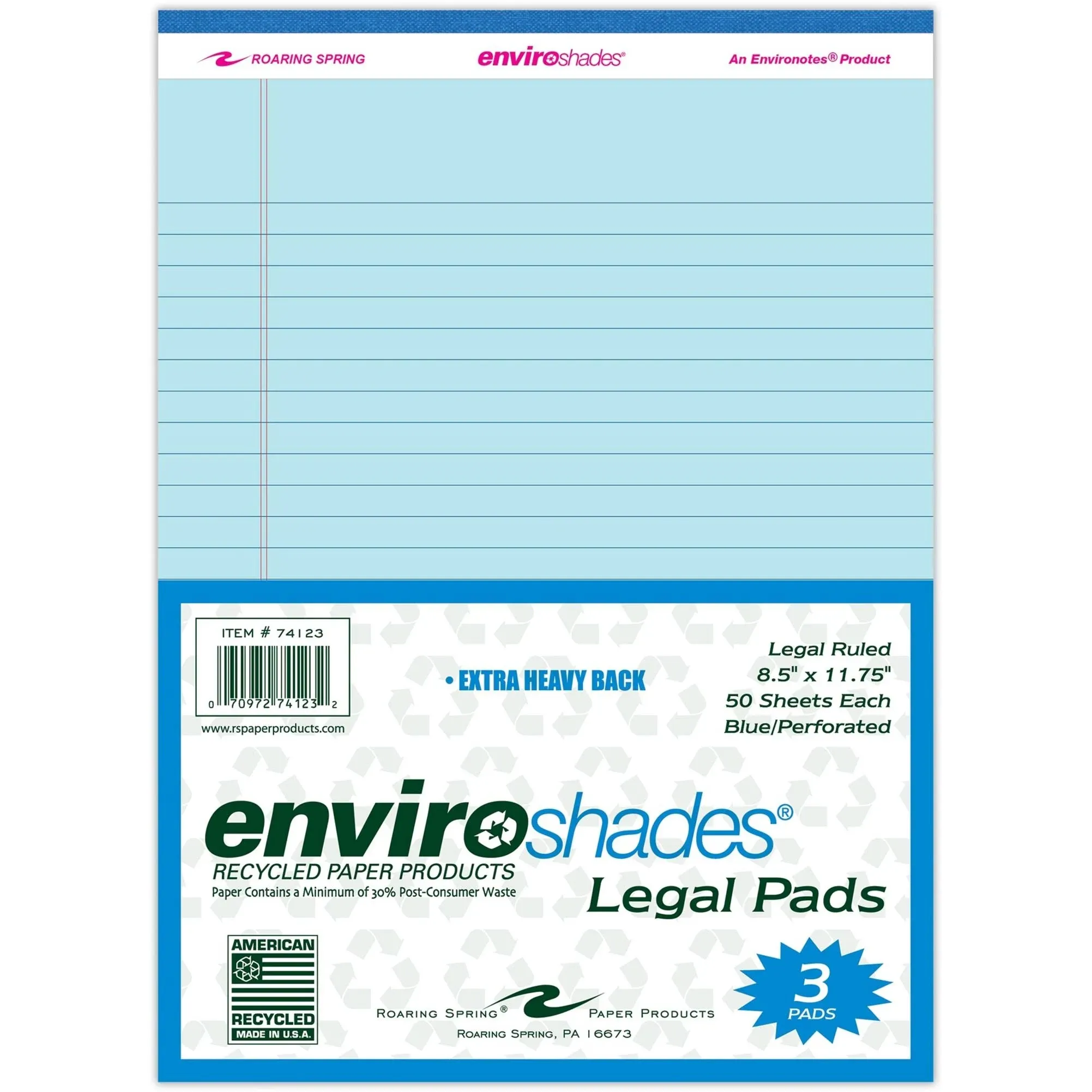 Roaring Spring Enviroshades Legal Notepads - 50 Blue Sheets, 3-Pack