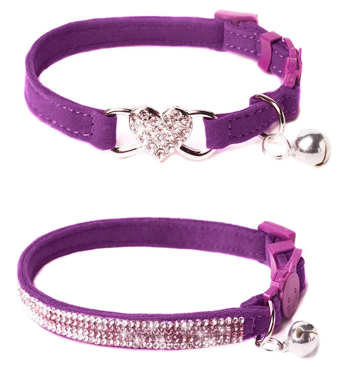 Rhinestone Cat Breakaway Collar Pack of 2 Purple Kitten Collars with Bell 