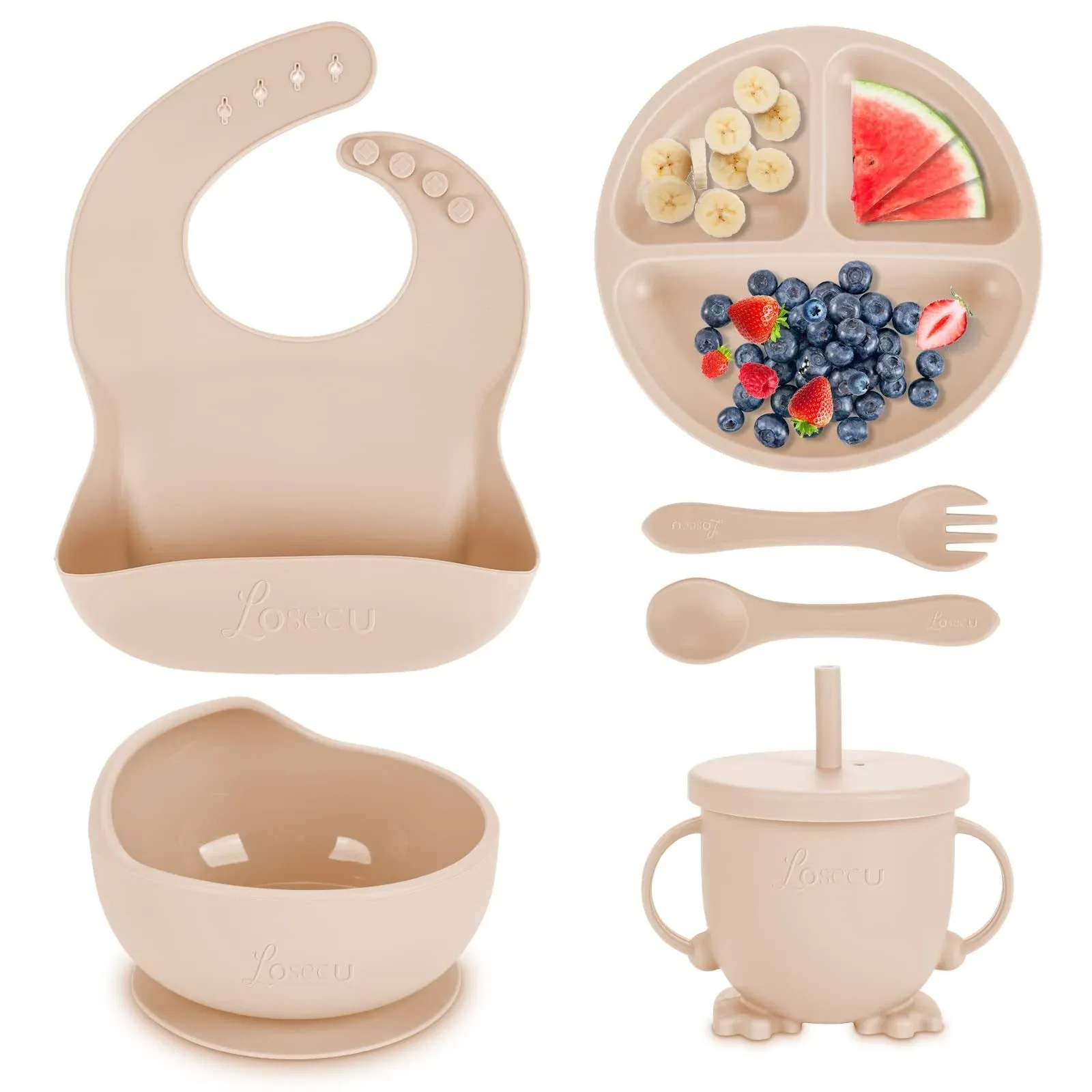 Losecu Silicone Baby Feeding Set|Baby Led Weaning Supplies Set|Suction Baby Plate Bowl Set with Bib Spoon Fork Sippy Cup|Baby Feeding Eating Supplies Set BPA Free