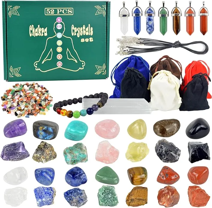 52 PCS Healing Crystals Set Include:14 Chakra Stone,14 Tumbled Stone,7 Crystals Necklaces, 7 jewelry Ropes,6 Velet Bag, 2 ounces Crushed Stone,1 Chakra Bracelet,1 selenite Stick,1 Guide，With Gift Box