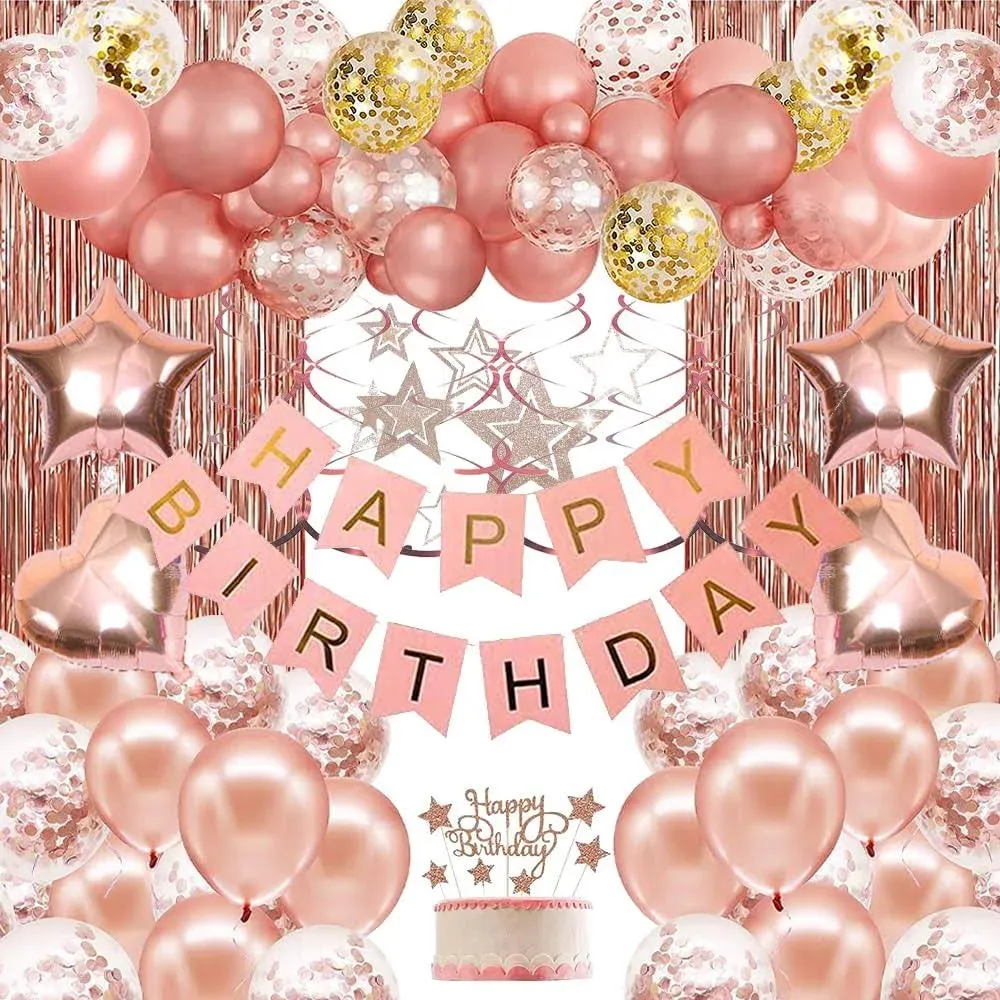 Rose Gold Birthday Party Decorations for Women Girls, Happy Birthday Banner, Rose Gold Fringe Curtain, Heart Star Foil Confetti Balloons, DIY Cake Topper, Hanging Swirls Princess Birthday Party Decors