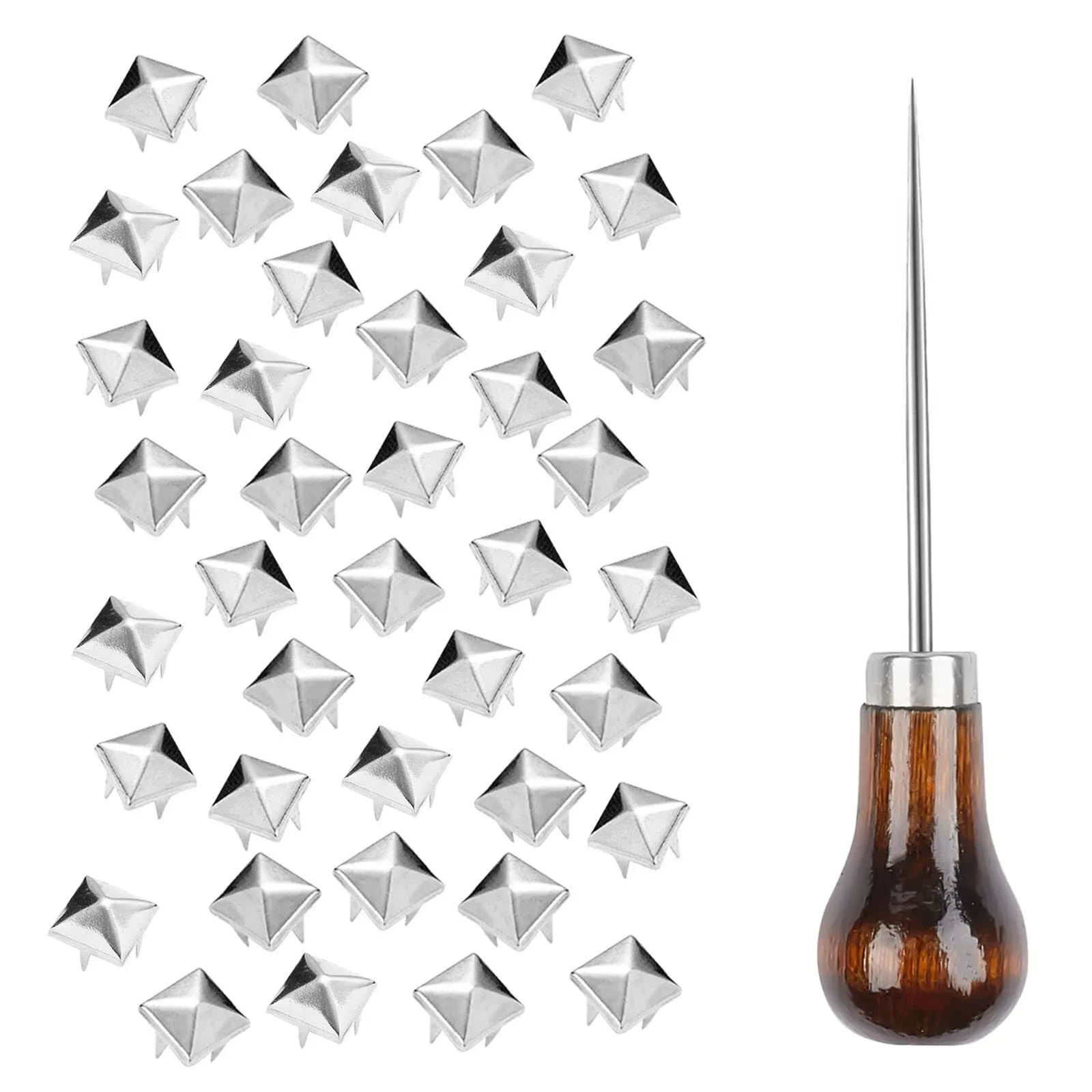 TUZAZO 500 Pieces 10 mm Square Pyramid Studs for Clothing Bag Leather Shoes Punk Rock Jewelry Craft, 4 Prong Metal Nailhead Studs Spikes Accessories with Awl (Silver)