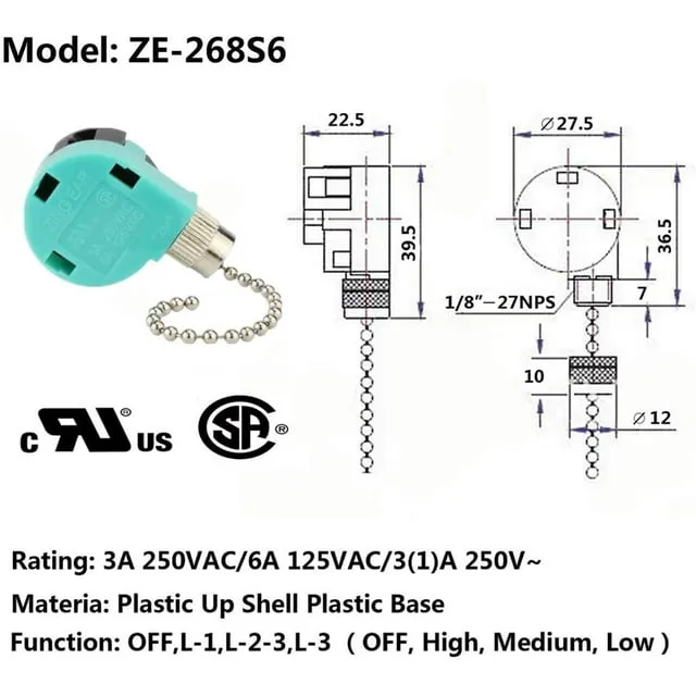 Ceiling Fan Switch Zing Ear ZE-268S6, 3 Speed 4 Wire Speed Control Pull Chain Cord Appliances Switch Replacement Parts Compatible with Hunter Ceiling Fans Wall Lamps (Bronze)