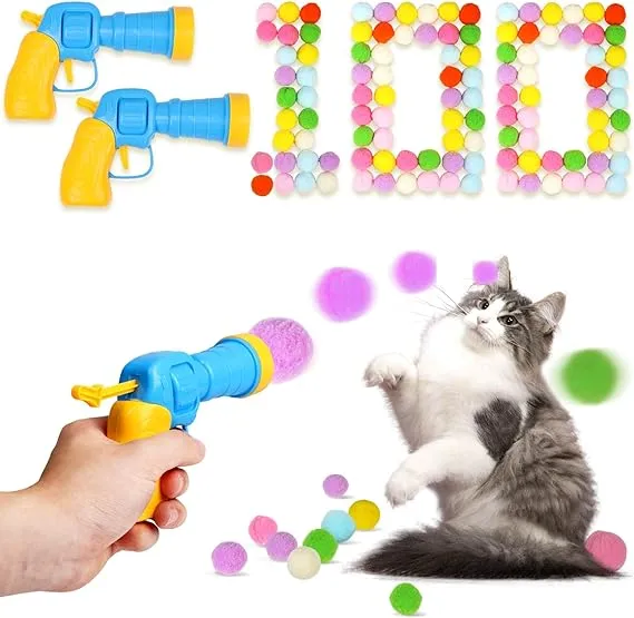 Cat Toy Balls with Launchers Set 2+100 100 Cat Pom Pom Balls &amp; 2 Cat Toy Ball...