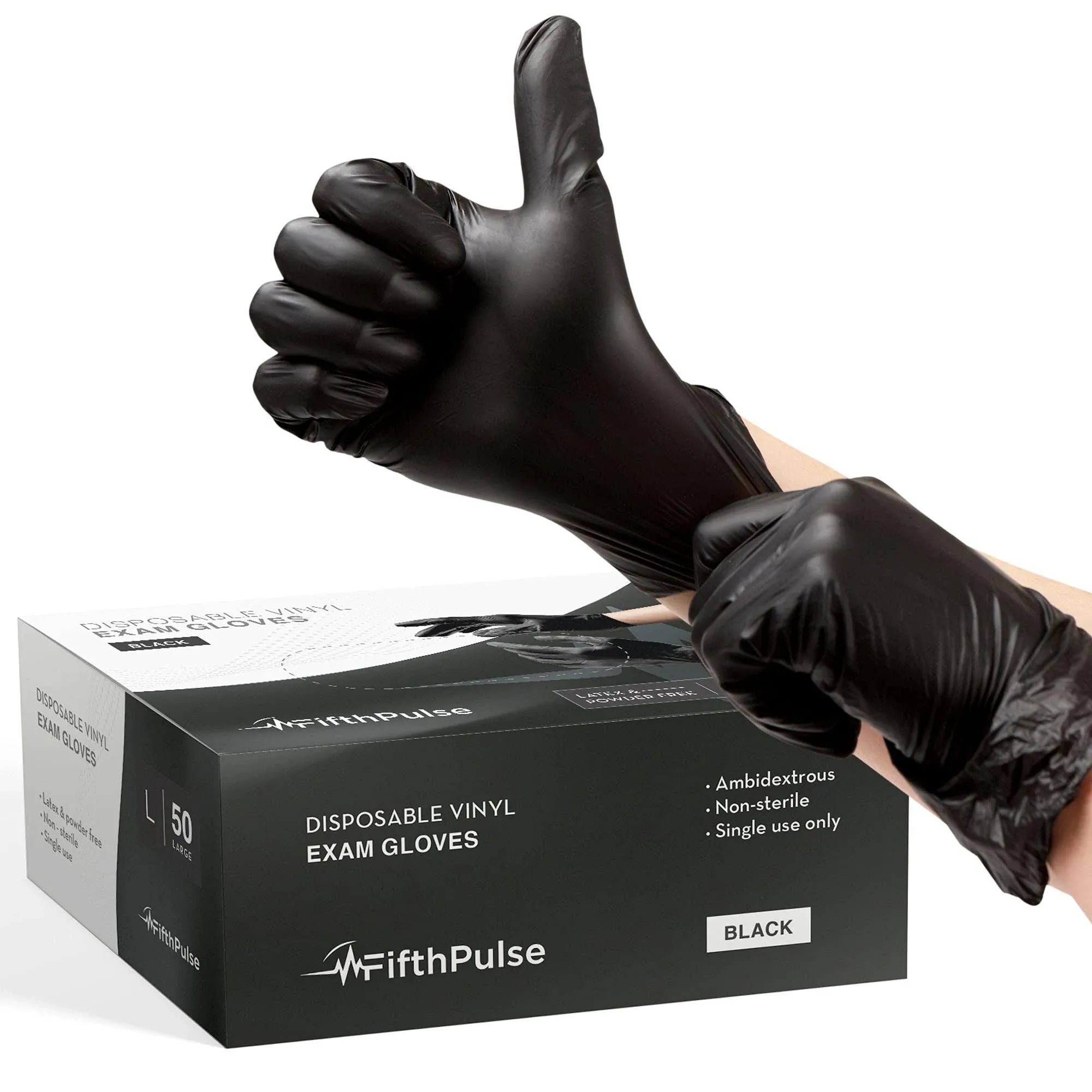 Fifth Pulse Vinyl Exam Latex &amp; Powder Free Gloves - Black - Box of 50 (Medium)