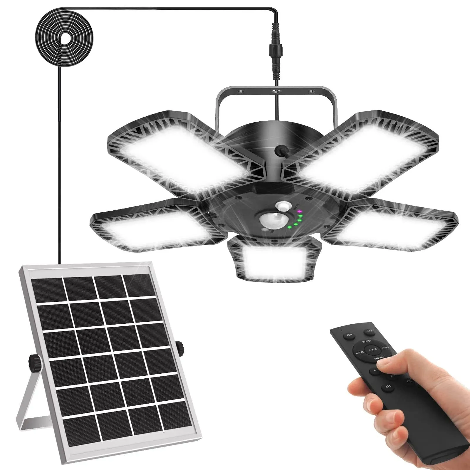 Solar Powered Shed Light Outdoor Indoor Solar Pendant Lights with Remote Control, Timer, Adjustable Panels & Motion Sensor, Waterproof for Garage Shop Barn Home House, Daytime Available