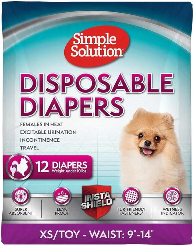 Simple Solution True Fit Disposable Dog Diapers for Female Dogs | Super Absorbent with Wetness Indicator | XS/Toy | 12 Count