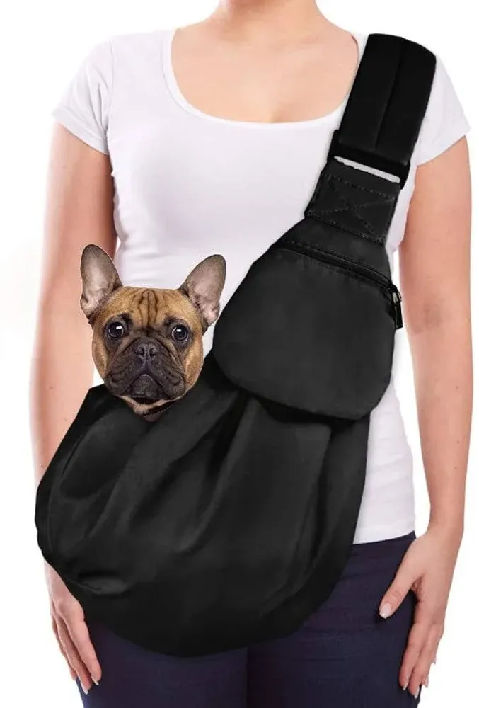 Lukovee Pet Sling Hand Free Dog Sling Carrier Adjustable Padded Strap Tote Bag Breathable Cotton Shoulder Bag Front Pocket Safety Belt Carrying Small