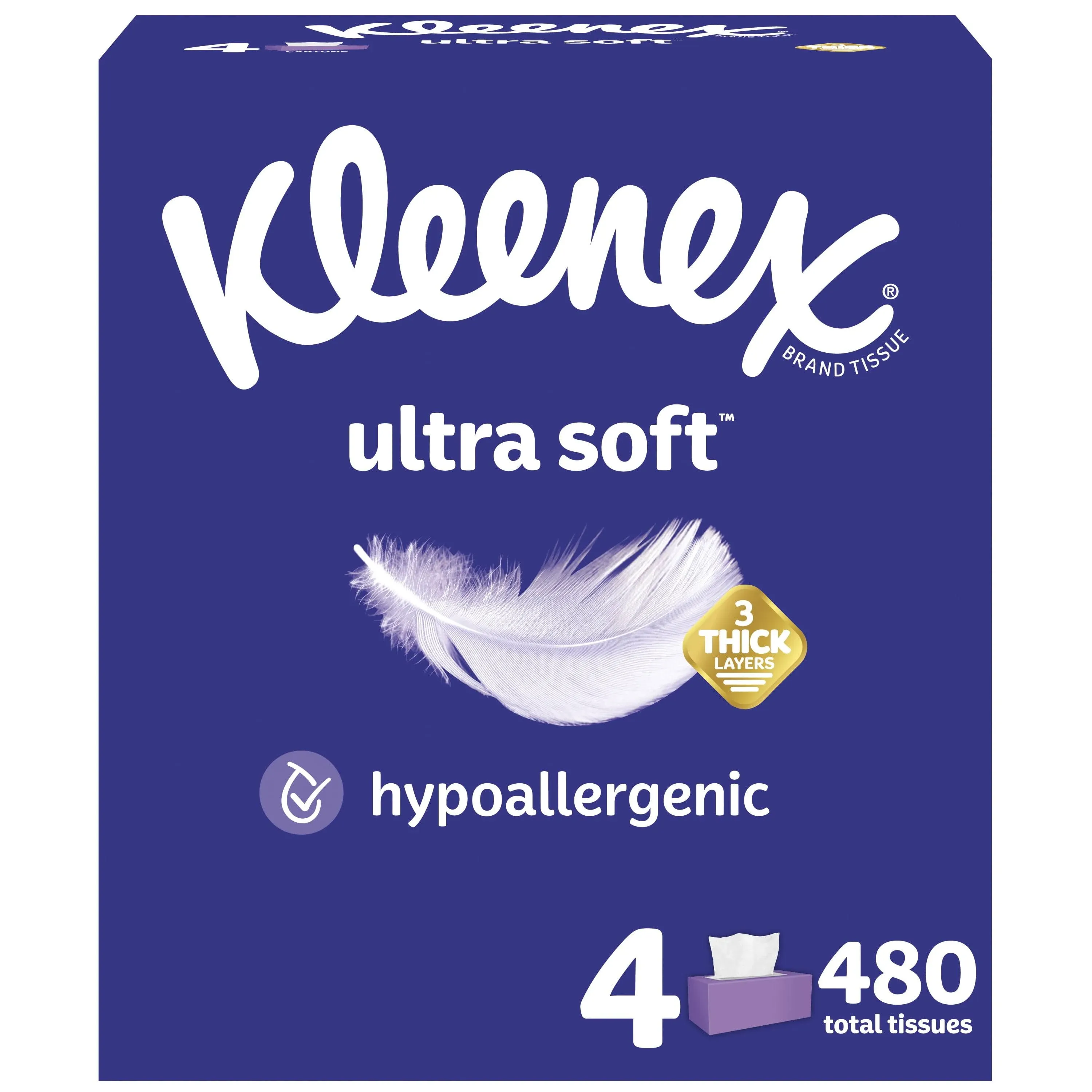 Kleenex Ultra Soft Facial Tissues, 4 Cube Boxes, 60 Tissues per Box, 3-Ply