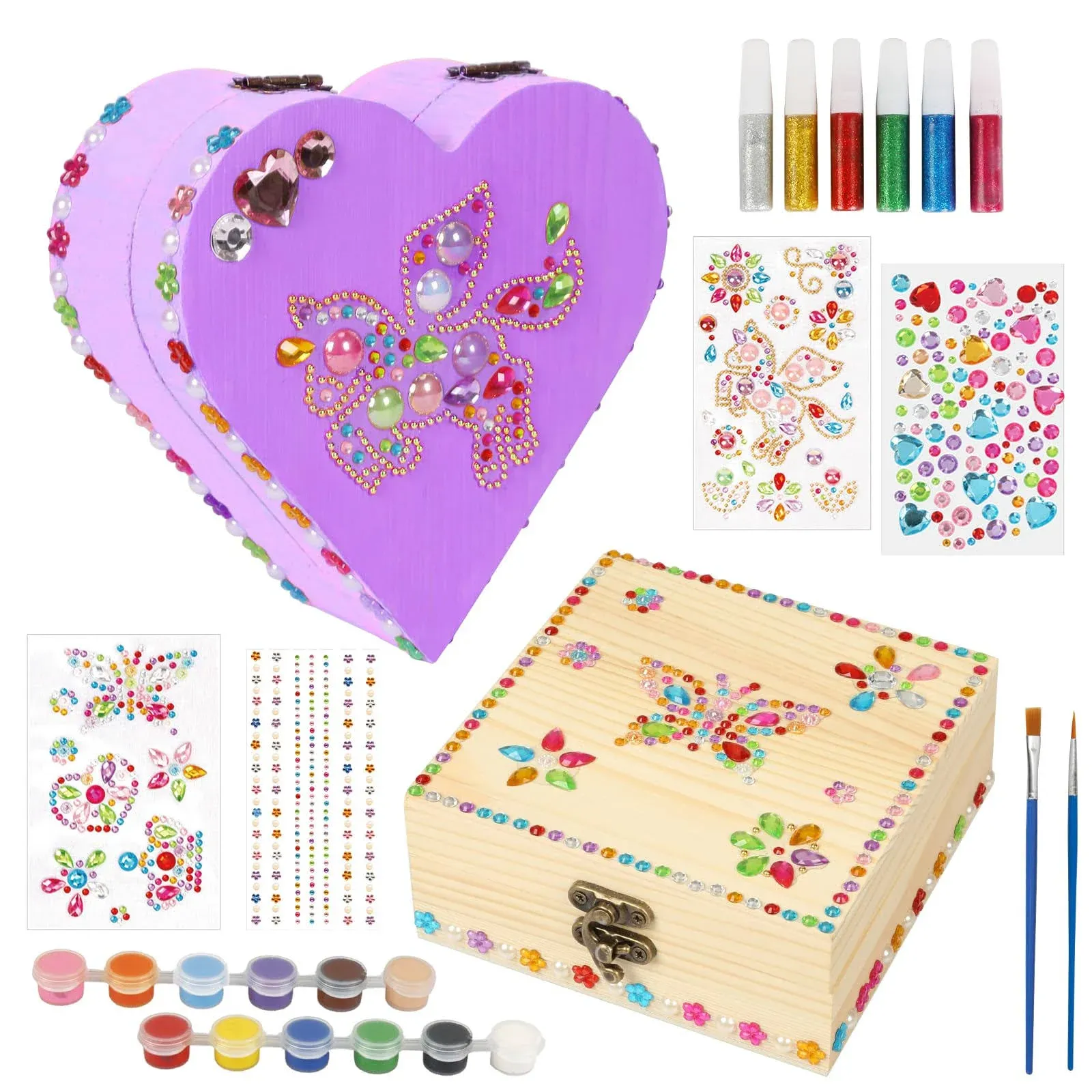 Fennoral 2 Pack Wooden Box Craft Kit for Kids Paint You Own Wooden Jewelry Box DIY Coloring Wooden Treasure Box Arts and Crafts Kit for Girls Art