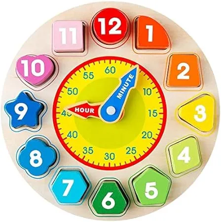 Skrtuan Wooden Shape Color Sorting Clock- Teaching Time Number Blocks Clock Shape Sorting Puzzle Montessori Early Learning Educational Toy Gift for 1 2 3 Year Old Toddler Baby Kids