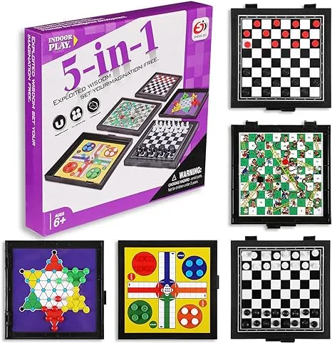 5 in 1 Small Magnetic Checkers Board Game Set Travel Game Road and Flight Trip Essentials Magnetic Travel Chess Checkers for Trip Camping Activities Party Game for Adults and Teens