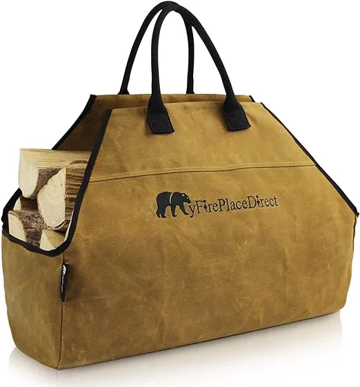 Heavy Duty Waxed Canvas Log Carrier Tote Bag with Unique Embroidered Logo, Extra Large Durable Firewood Holder with Strong Comfort Handle, Heavy Duty Wood Carrying Bag Rust