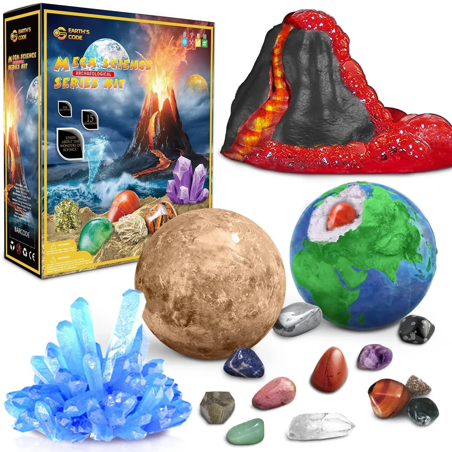 EARTH'SCODE 25pcs Science Kit - Volcano Science Kit for Kids Age 6-8 8-12 Planet Gemstones Dig Kit DIY Crystal Growing Kit Make A Volcano Stem