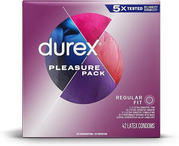 Durex Lot Of 42 Pleasure Pack Assorted Condoms, Natural Rubber Latex Condoms 