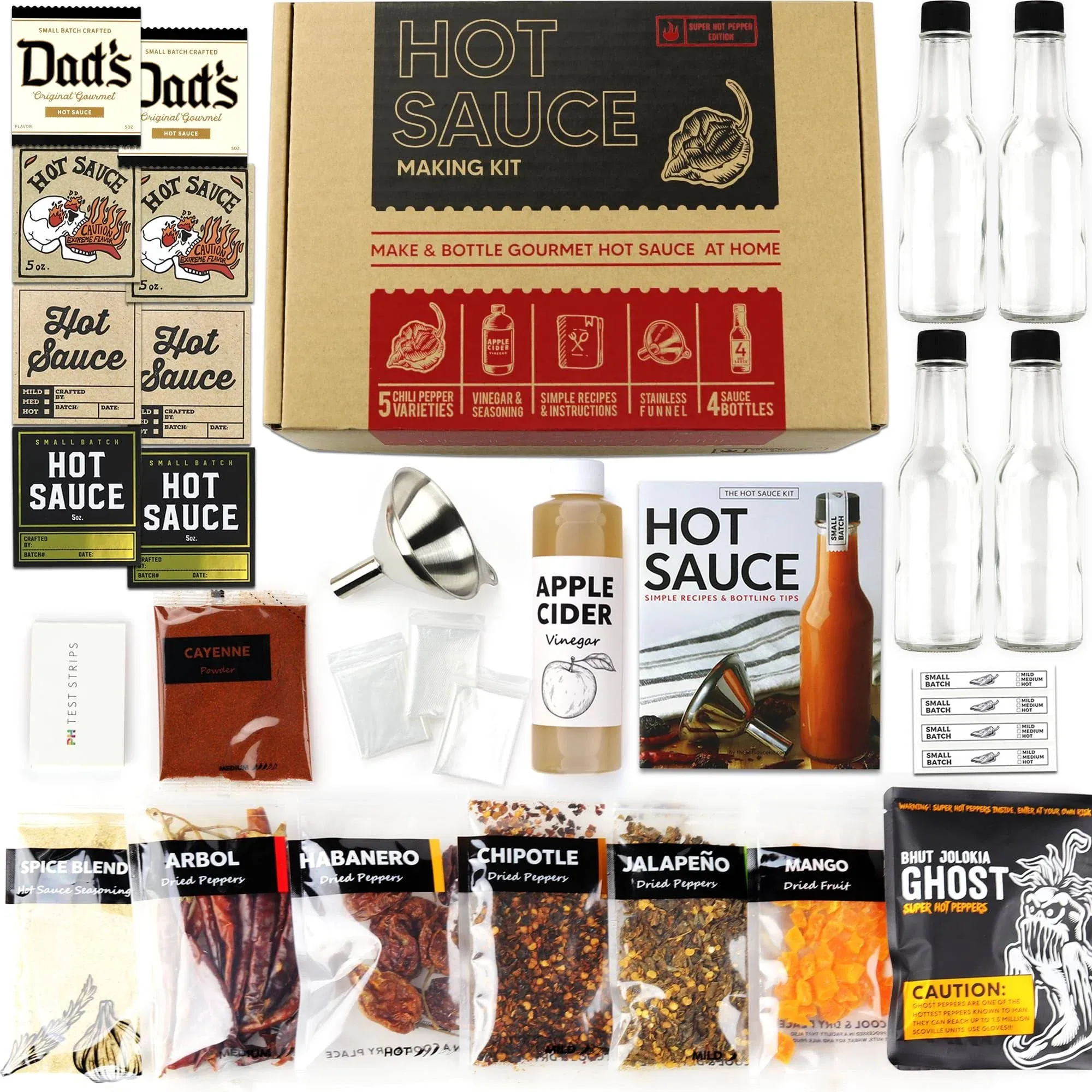 Ultimate Edition Hot Sauce Making Kit, 6 Varieties of Peppers, Ghost pepper, Habanero, Gourmet Spice Blend, 4 Bottles, Labels, Book, Gift For Dad (Ultimate Edition)