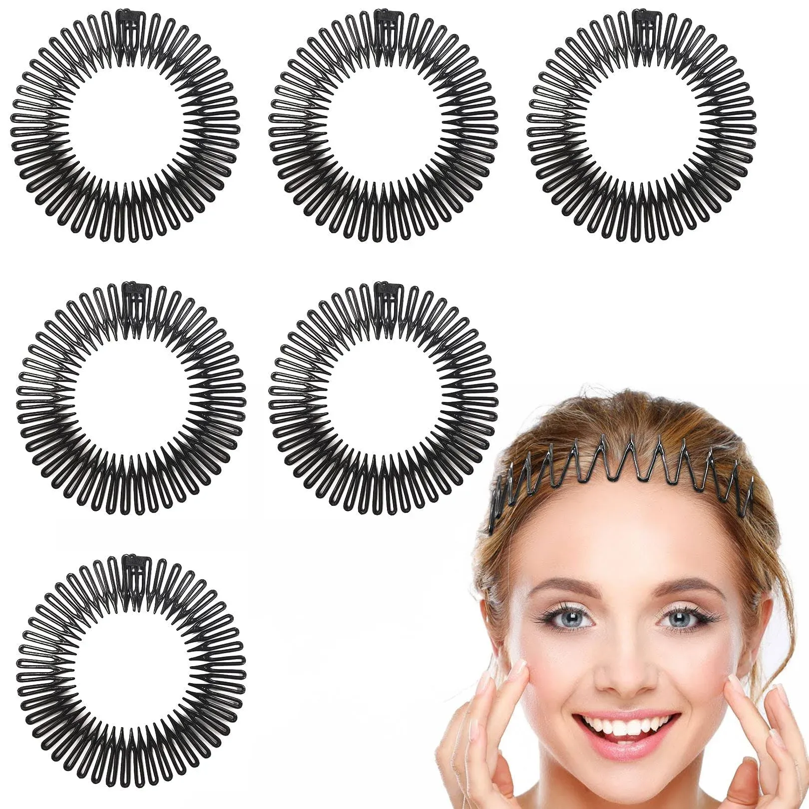 6 Pcs Full Circular Stretch Comb Headbands Plastic Flexi Comb Circle Headbands W