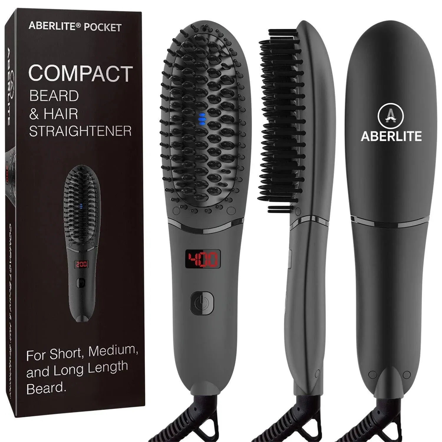 Aberlite Pocket - Compact Beard Straightener for Men - Ionic & Anti-Scald Technology - Beard Straightening Heat Brush Comb Ionic - for Home and Travel