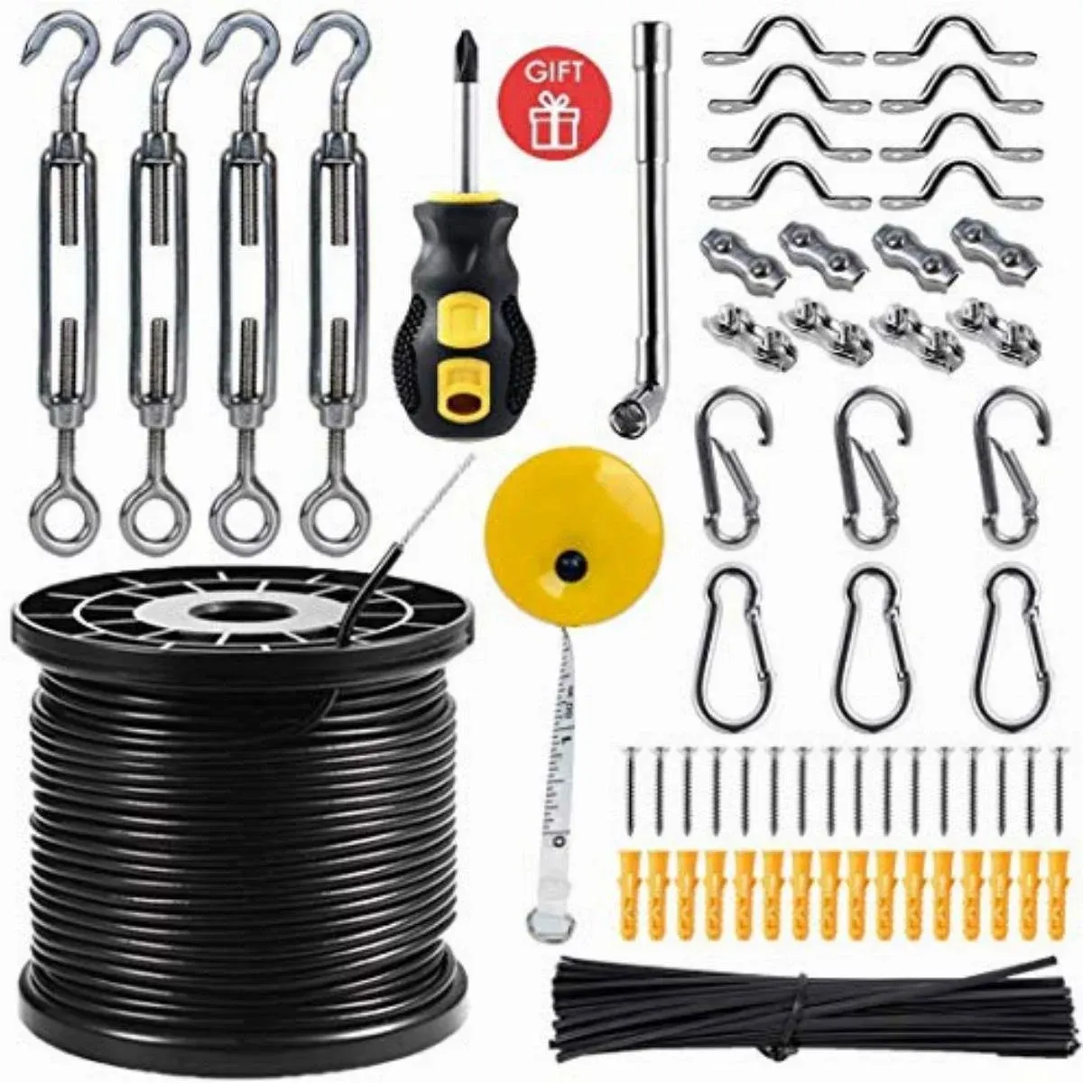 String Light Hanging Kit with 164 Ft Nylon Coated Stainless Steel 304 Wire Rope,