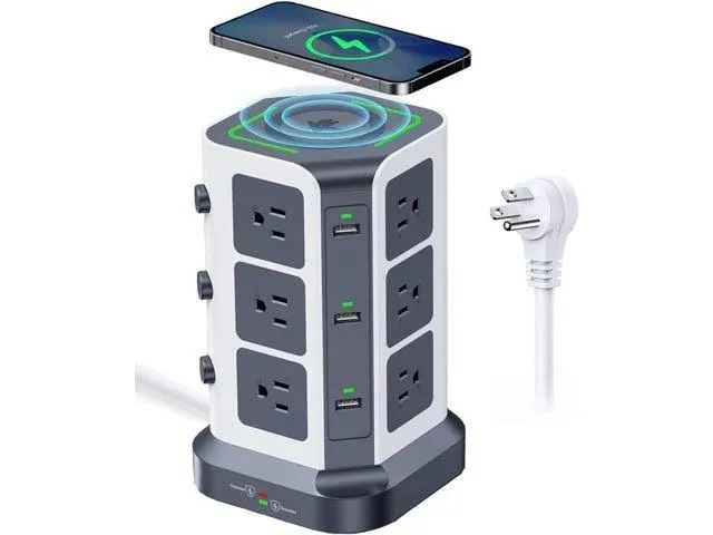 KOOSLA Power Strip Tower, 15W Wireless Charger Surge Protector - 12 AC Multiple Outlets & 6 USB Ports, 6.5ft Extension Cord Charging Station for Offic