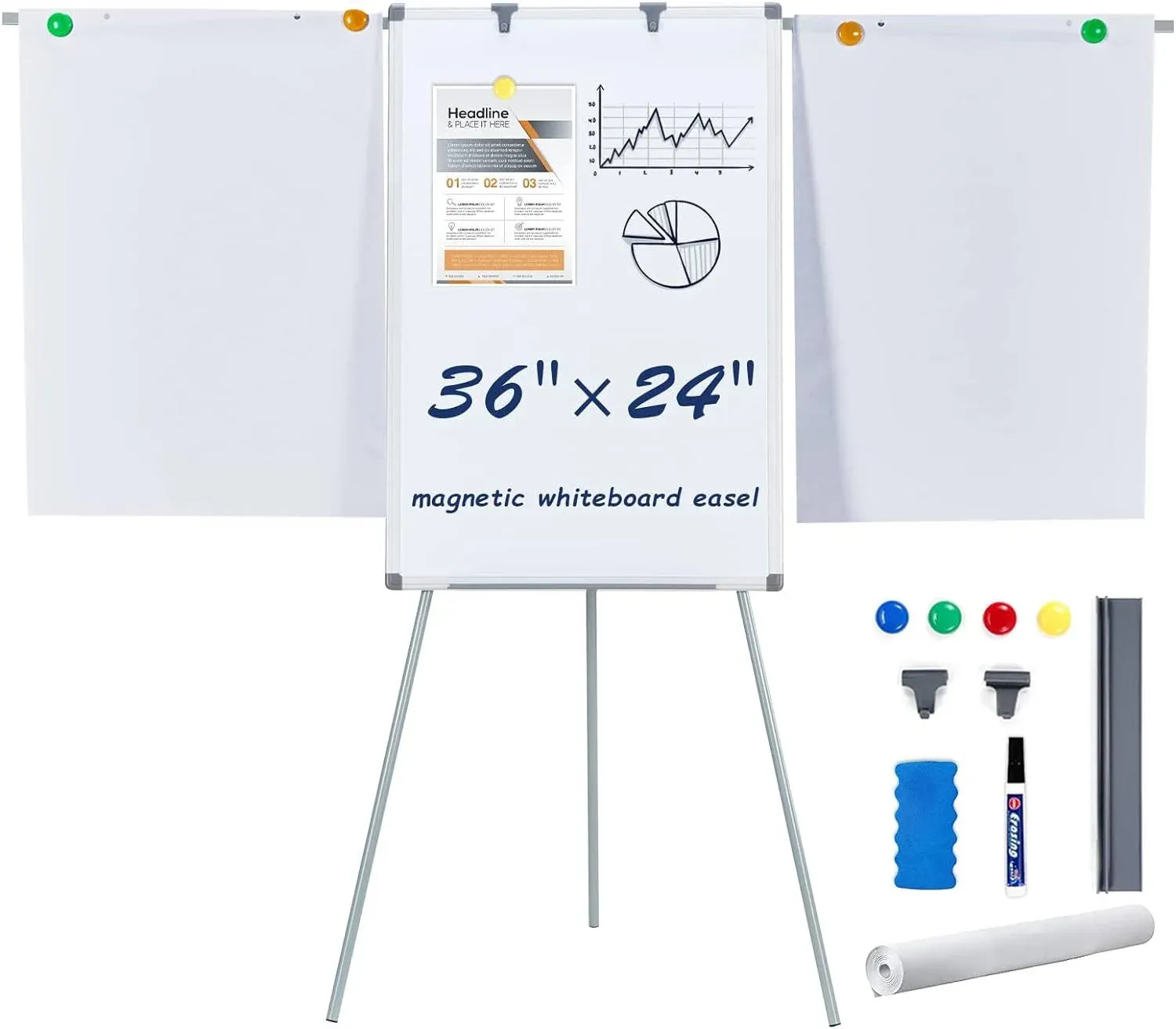 MAKELLO White Board with Stand, Portable Whiteboard Easel 3'x2' for Office Classroom Home School, Adjustable Height, Aluminum Frame, 36x24in