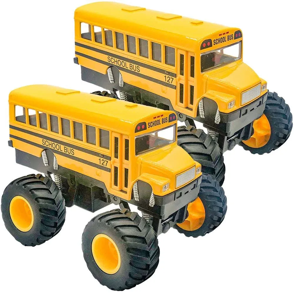 5" Pullback School Bus Toy Set - Set of 2 - Includes 2 Yellow School Buses with Monster Wheels - Diecast Bus Playset with Pullback Mechanisms - Great Gift Idea for Boys and Girls