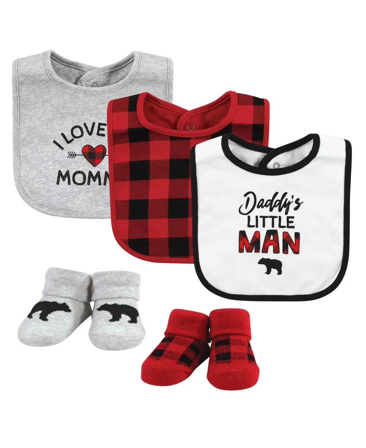 Hudson Baby Cotton Bib and Sock Set, Buffalo Plaid Family