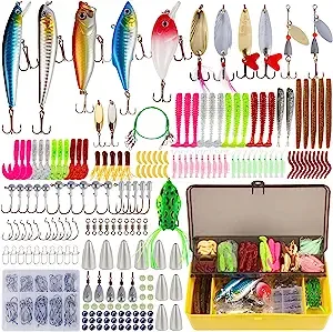 PLUSINNO Fishing Lures Baits Tackle Including Crankbaits, Spinnerbaits, Plastic Worms, Jigs, Topwater Lures, Tackle Box and More Fishing Gear Lures Kit Set, 102/302Pcs Fishing Lure Tackle