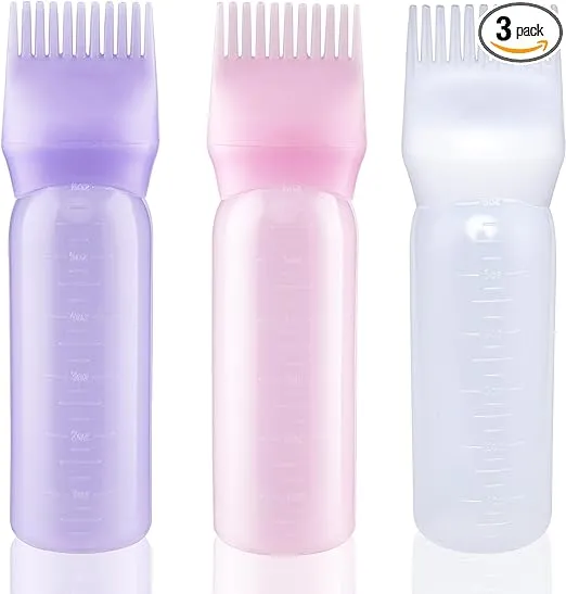 Cosywell Root Comb Applicator Bottle 6 Ounce Hair Dye Applicator Brush 3 Pack for Hair Root Comb Color with Graduated Scale(Pink White Purple)