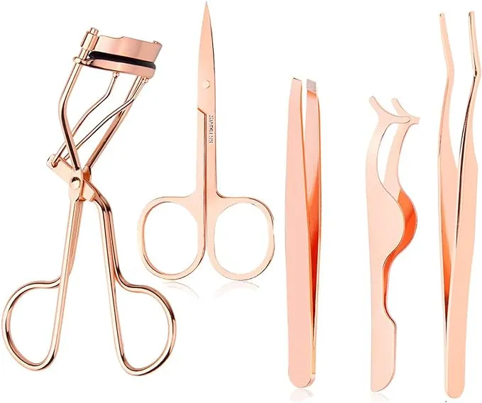 Arroyner 5 Pieces Eyelash Applicator Tool False Eyelashes Applicator Eyebrow Curler Eyebrow Scissors (Rose Golden)