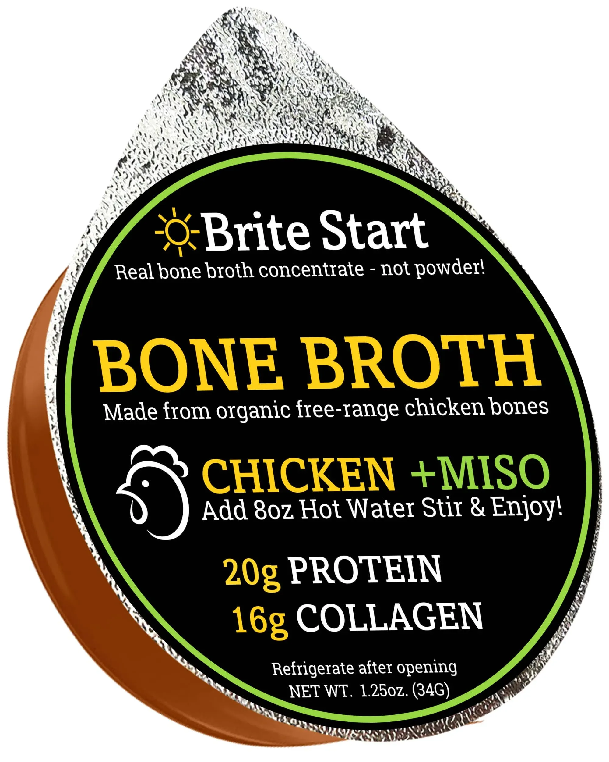 Brite Start Bone Broth - Chicken + Miso - 12 Count - Keto Friendly Concentrate Packed with 16g Collagen, 20g Paleo Protein - Made from Organic Free RA