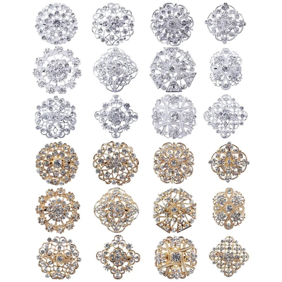 24pc lot Mixed Gold Silver Rhinestone Crystal Brooches Pins DIY Wedding Bouquet