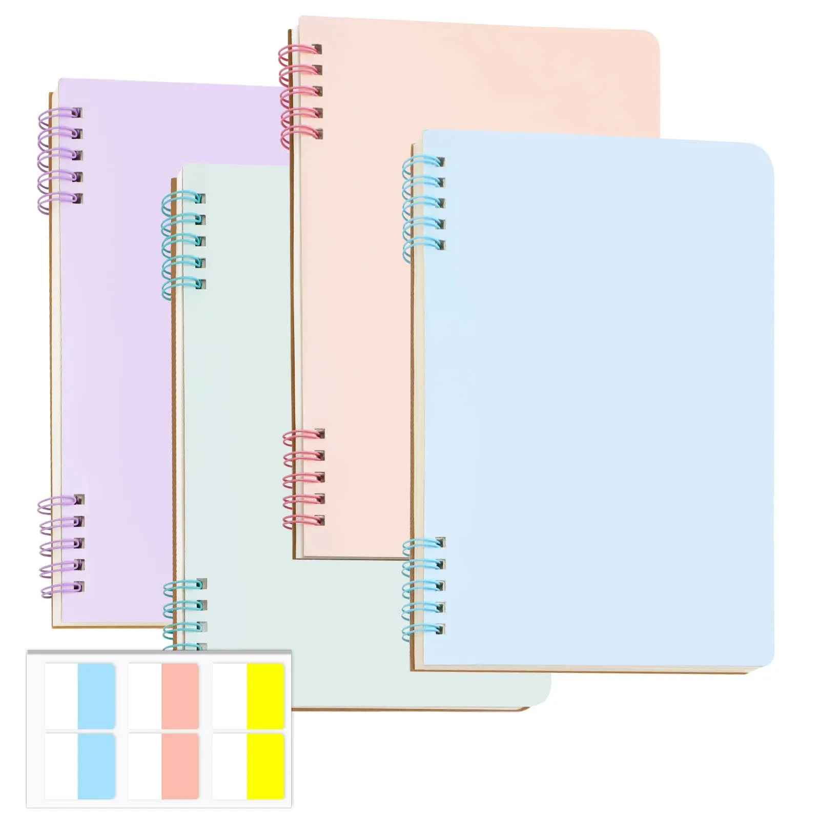 4 Pack A5 Spiral Notebook with 60 Pcs Tabs, Assorted Colors Graph Journal, Hardc