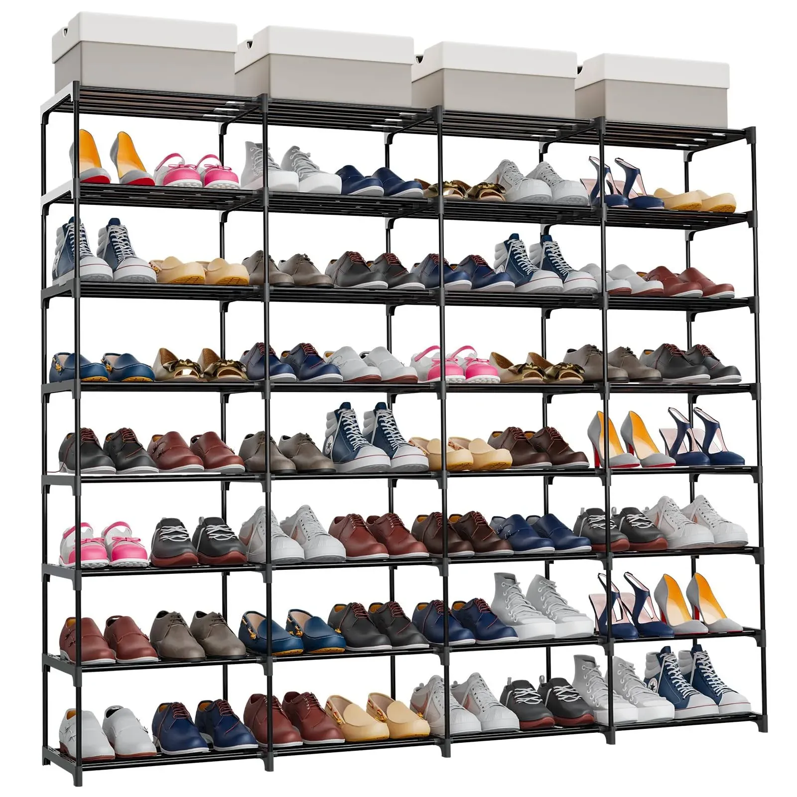 SMILHELTD Shoe Rack Large Capacity 4 Rows 8 Tier 56-64 Pairs Shoes Boots Storage Metal Shoe Organizer Household Family Use Entryway Hallway Shoe Tower Unit Shelf Space Saving