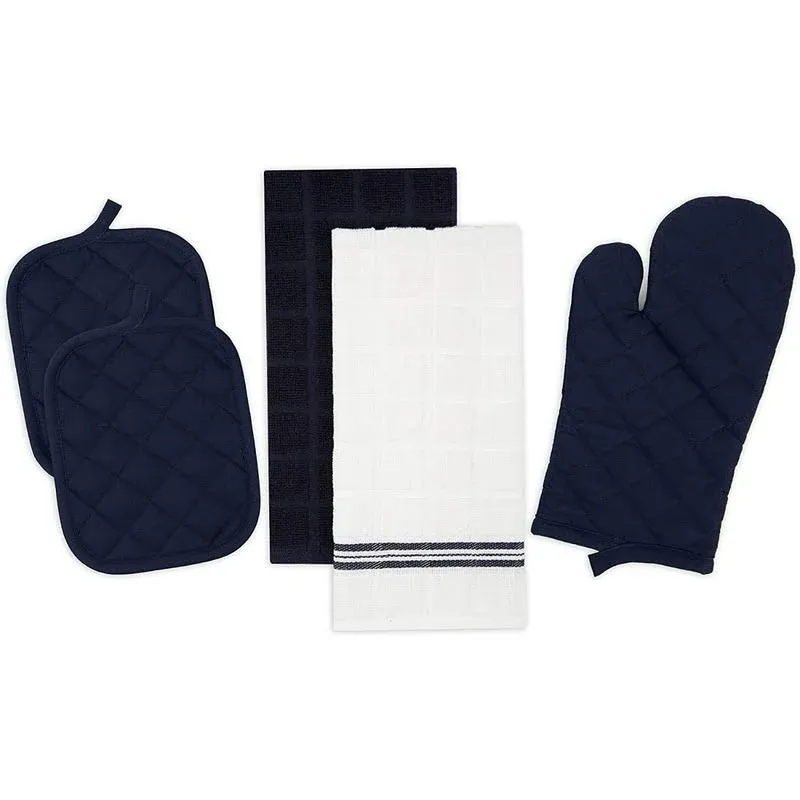 Topaz Kitchen Towel White Blue Terrycloth Quilted Potholders Oven Mitt 5-Piece