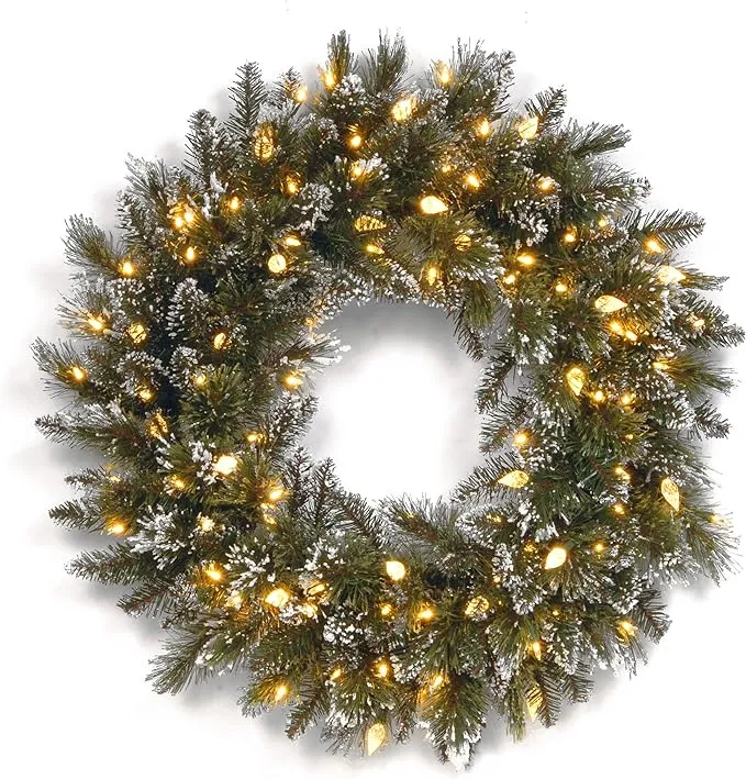 24" Glittery Bristle Pine Wreath With 50 Soft White C7 Led Lights In Green