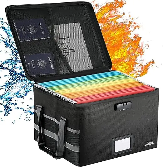 Upgraded File Box with Lock, Fireproof Document File Organizer Box with Water-Resistant Zipper & Adjustable Handle, Collapsible Filing File Cabinet for Hanging Letter/Legal Folder (Black)