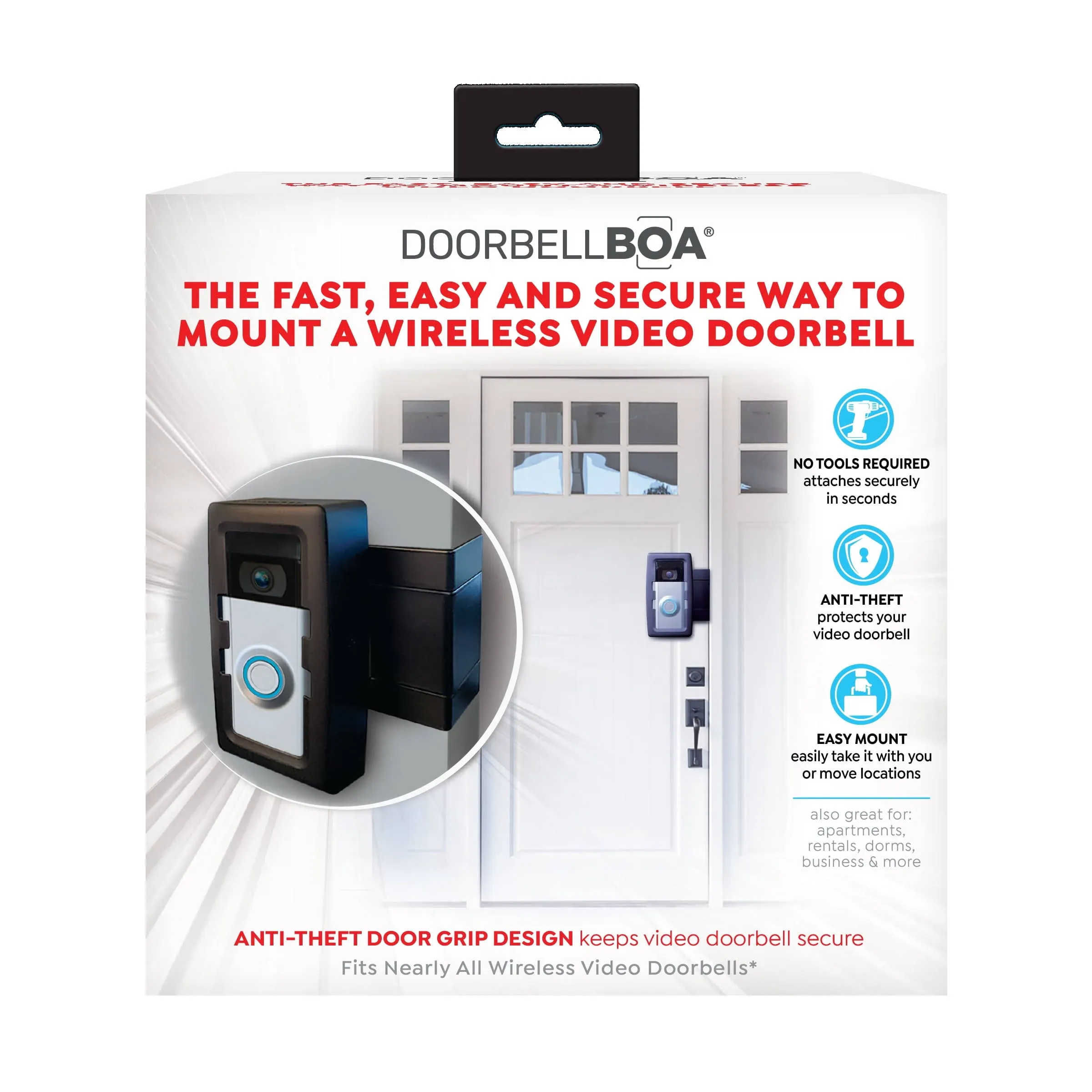 DoorbellBoa Anti-Theft Video Doorbell Door Mount, No Tools or Installation, Mounts Securely In Seconds, Black