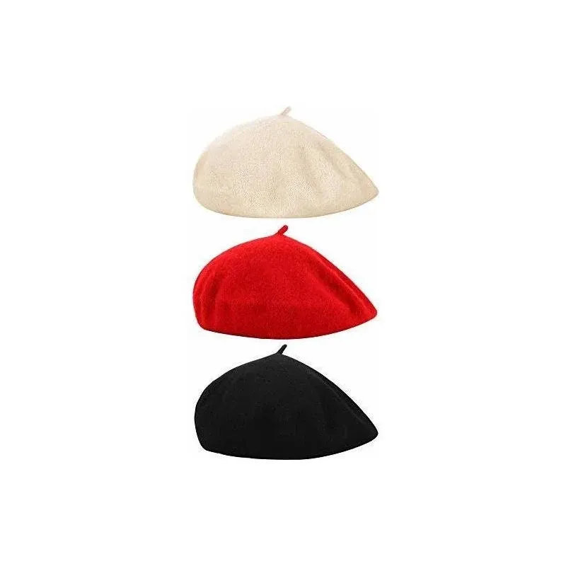 3 Pieces Beret Hat French Style Beanie Cap Solid Color Medium, Set 2 