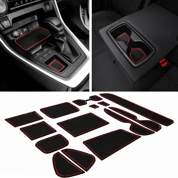 JDMCAR Liner Accessories Compatible with Toyota RAV4 2019-2024 2025 and 2021-2025 RAV-4 Prime, Custom Fit Cup Holder, Center Console, and Door Pockets Inserts Kit (Red Trim) - 15 PC Set