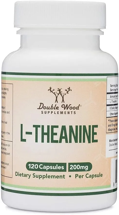 L-Theanine Supplement 200mg, 120 Capsules for Relaxation and Sleep Support (Soy Free, Gluten Free, Non-GMO, Third Party Tested) Synergy with Magnesium L-Threonate and Apigenin by Double Wood