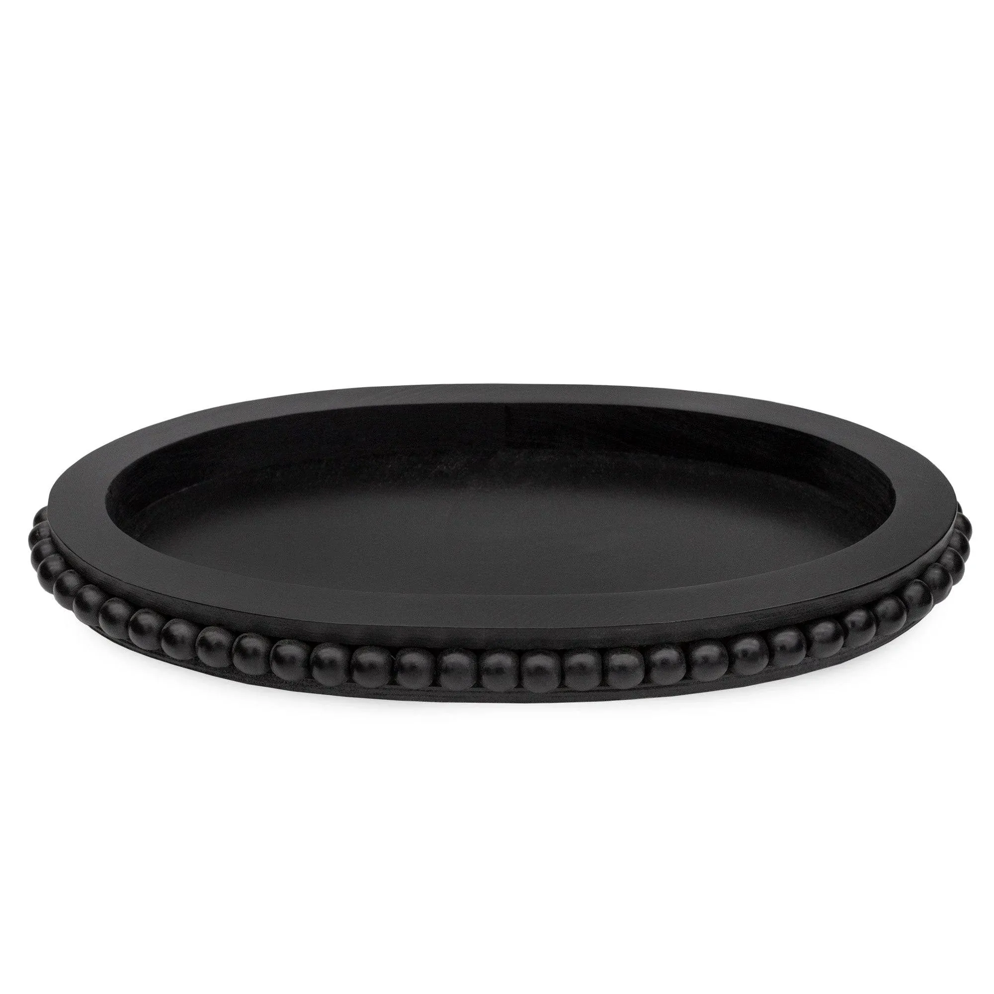 AuldHome Wood Beaded Tray (Black), Decorative Farmhouse Style Oval Wooden Tray