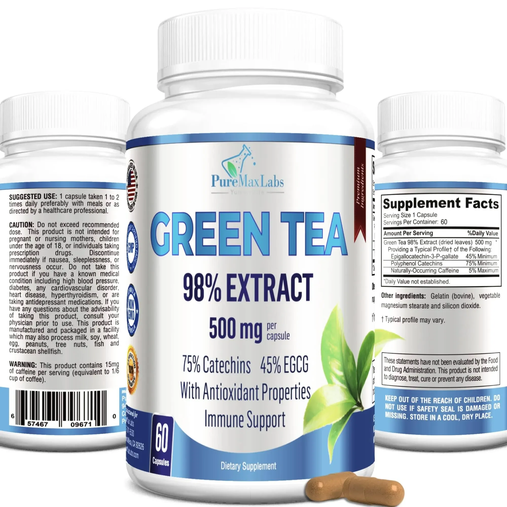 YUMMYVITE Green Tea Extract 98% - 3X Strength, 75% Polyphenol Catechins, 45% EGCG ...