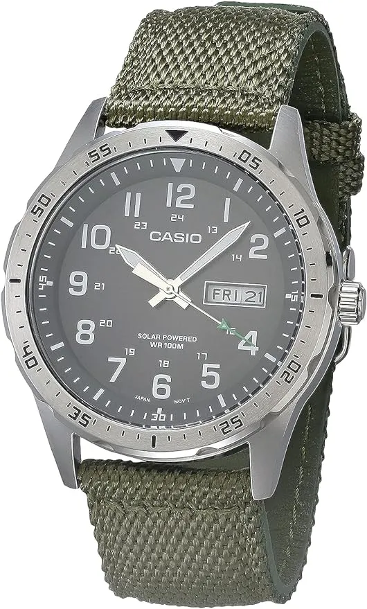 Casio MTPS120L Series | Unisex Analog Watch | 100M WR | Stainless Steel Case | 3 Hand Analog (HR, Min, SEC) | Date Display | Low Battery Alert | Military Styling | Solar Powered