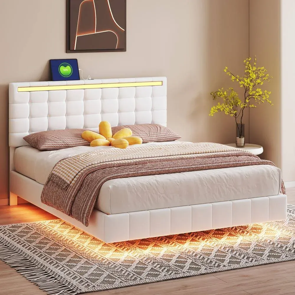 Queen Size Floating Bed Frame with LED Lights and USB Charging,Modern Upholstered ...