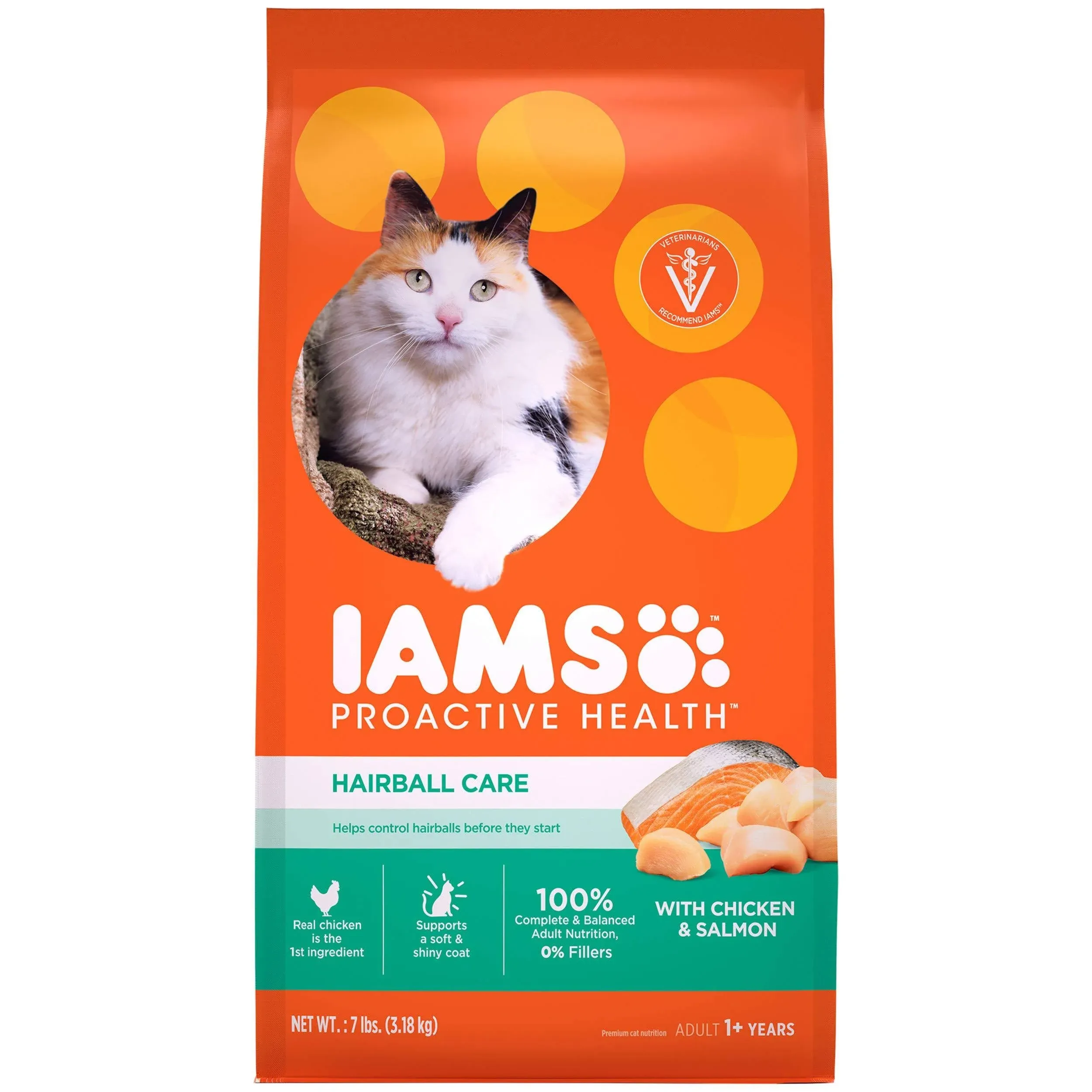 IAMS PROACTIVE HEALTH Adult Hairball Care Dry Cat Food with Chicken and Salmon Cat Kibble, 7 lb. Bag